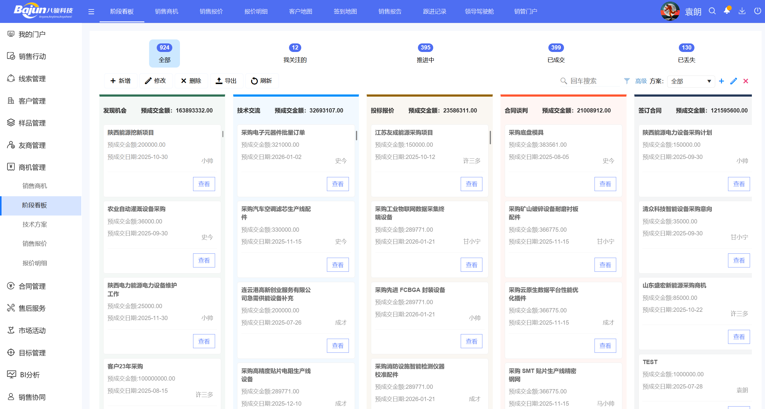 △八駿CRM産(chan)品(pin)截圖:商(shang)機(jī)/項(xiang)目(mu)看闆 示例 △八駿CRM産(chan)品(pin)截圖:商(shang)機(jī)/項(xiang)目(mu)看闆 示例