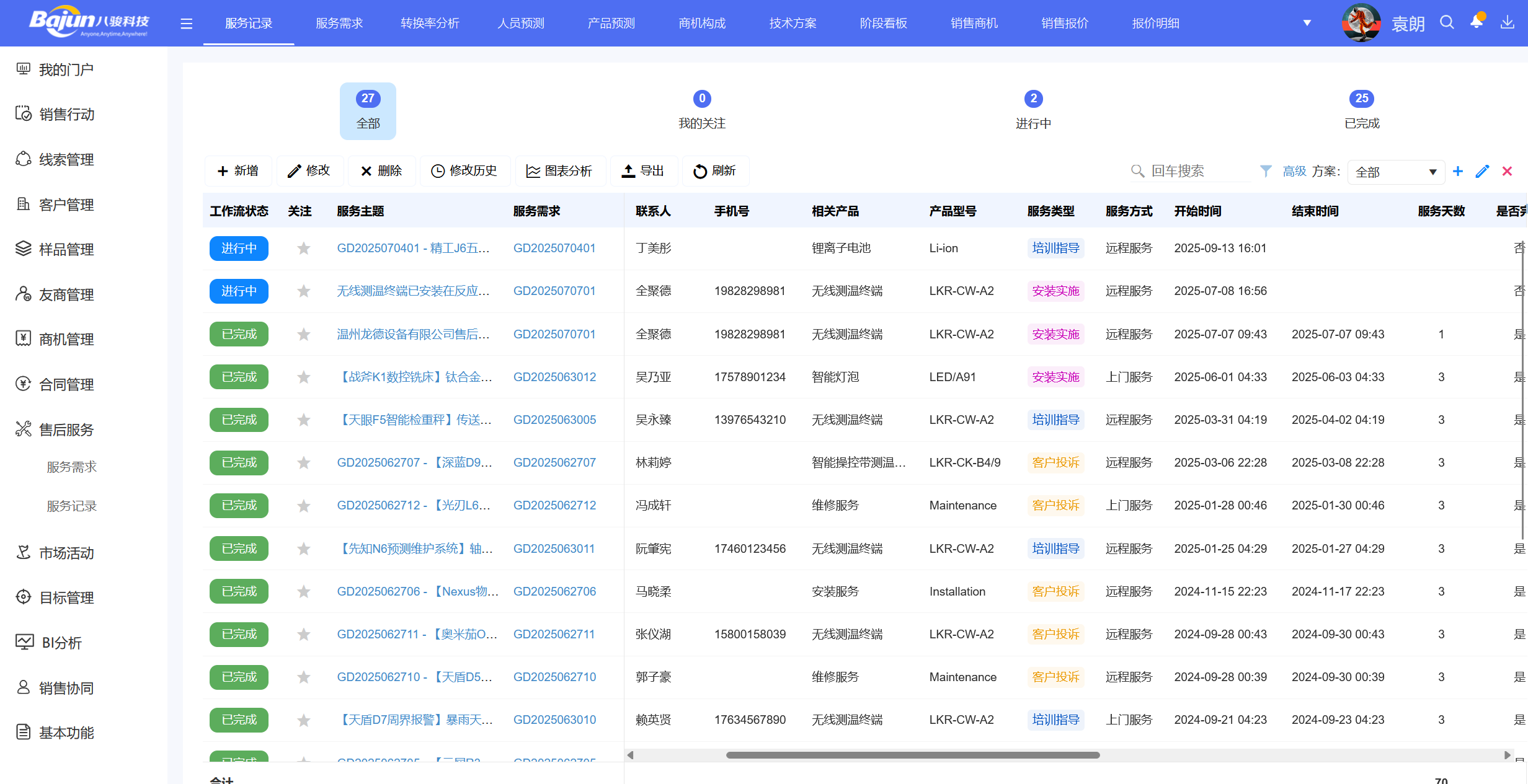 △八駿CRM産(chan)品(pin)截圖：售後(hou)服務(wu)記錄 示例